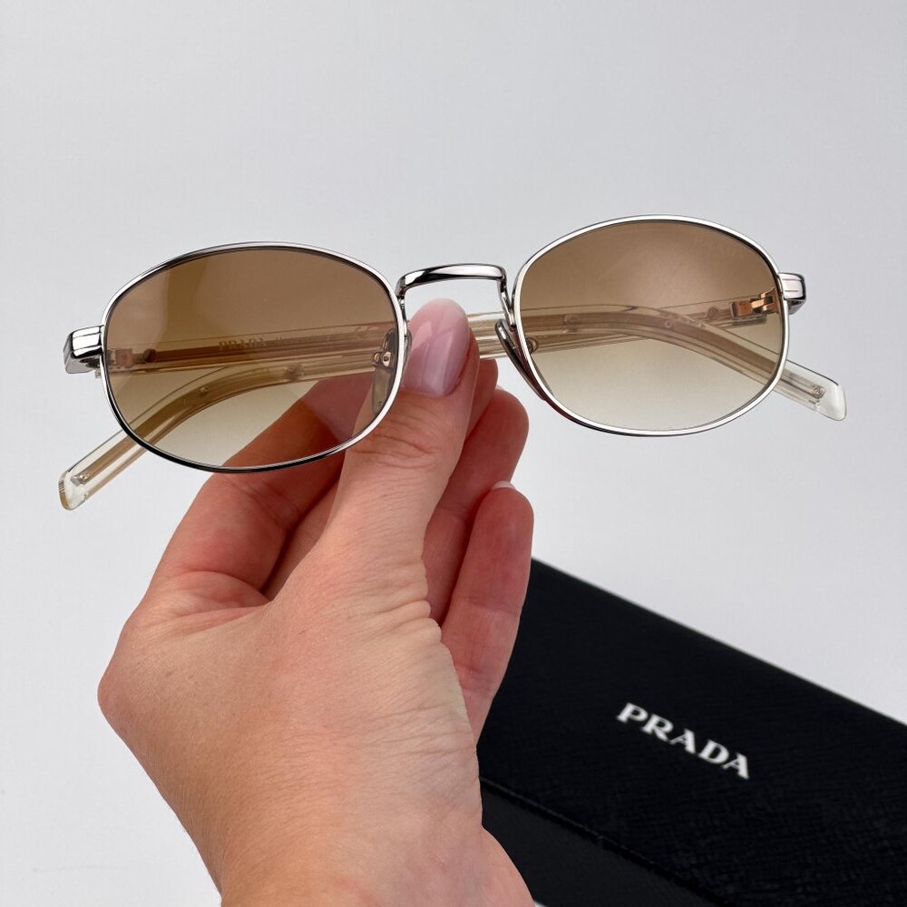 Prada Sunglasses – Silver Oval Frame Gradient Brown Lenses | Model PRB53S 1BC80K